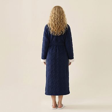 Women's Plush Long Robe with Contrast Trim Shawl Collar Tie Waist Belt Soft Textured Warm