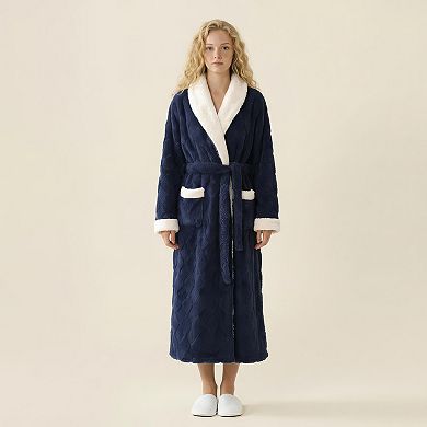 Women's Plush Long Robe with Contrast Trim Shawl Collar Tie Waist Belt Soft Textured Warm