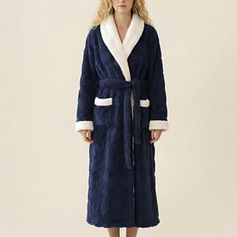 Women's Plush Long Robe with Contrast Trim Shawl Collar Tie Waist Belt Soft Textured Warm