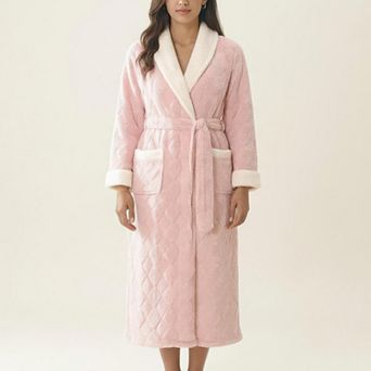 Women's Plush Long Robe with Contrast Trim Shawl Collar Tie Waist Belt Soft Textured Warm