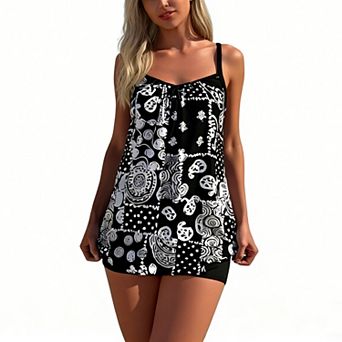 Women's Paisley Print Tankini Set - Spaghetti Strap Flowy Top with Boyshort Bottoms