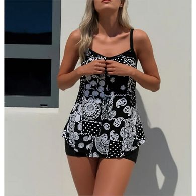Women's Paisley Print Tankini Set - Spaghetti Strap Flowy Top with Boyshort Bottoms