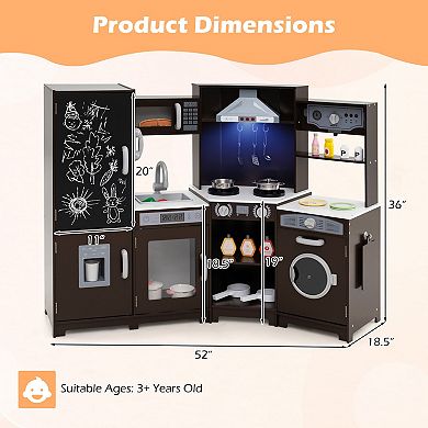 Gymax Corner Kids Play Kitchen Wooden Pretend Toy Kitchen w/ Realistic Lights