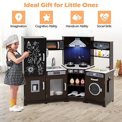 Gymax Corner Kids Play Kitchen Wooden Pretend Toy Kitchen w/ Realistic Lights