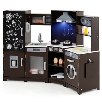 Gymax Corner Kids Play Kitchen Wooden Pretend Toy Kitchen w/ Realistic Lights