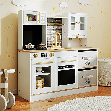 Gymax Kids Kitchen Playset w/Stoves Sound & Light Coffee Machine Faucet & Cookware