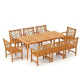 Gymax 9 pc Patio Dining Table Set w/8 Chairs Slatted Tabletop 1.96'' Umbrella Hole