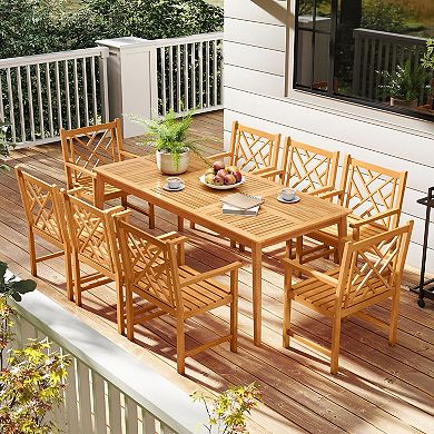 Gymax 9-Pieces Patio Dining Table Set w/8 Chairs Slatted Tabletop 1.96'' Umbrella Hole