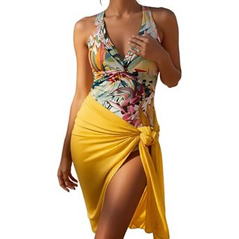Women's Halter One Piece Swimsuit Floral Print Tummy Control Bathing Suit with Sarong