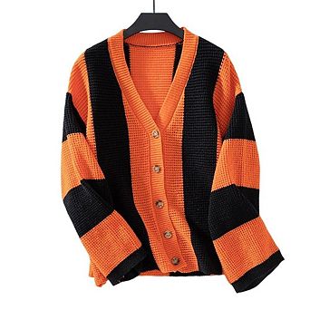 Women’s Color Block Striped Cardigan Long Sleeve Loose Fit Knit Sweater