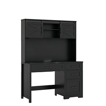 Farmhouse Home Office Executive Desk with Hutch, LED Light & 6 Drawers for working & studying