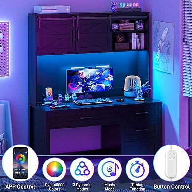 Farmhouse Home Office Executive Desk with Hutch, LED Light & 6 Drawers for working & studying