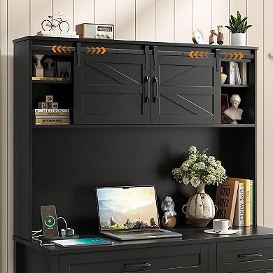 Farmhouse Home Office Executive Desk with Hutch, LED Light & 6 Drawers for working & studying