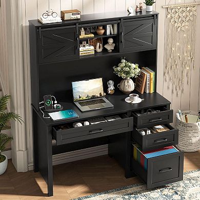 Farmhouse Home Office Executive Desk with Hutch, LED Light & 6 Drawers for working & studying