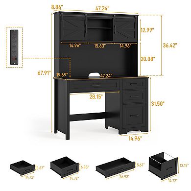 Farmhouse Home Office Executive Desk with Hutch, LED Light & 6 Drawers for working & studying