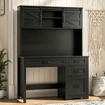Vabches Farmhouse Executive Desk with Hutch, LED Lights, Charging Station and Storage