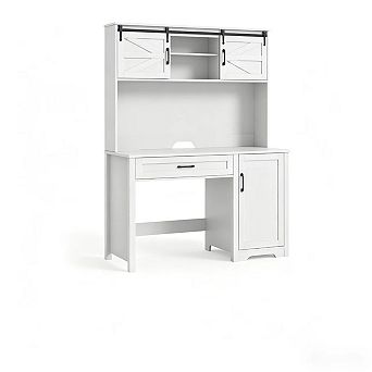 Vabches Farmhouse Executive Desk with Hutch, LED Lights, Charging Station and Storage