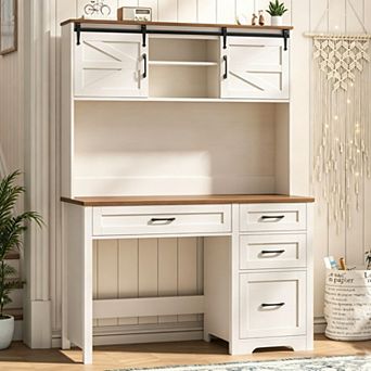 Vabches Farmhouse Executive Desk with Hutch, LED Lights, Charging Station and Storage