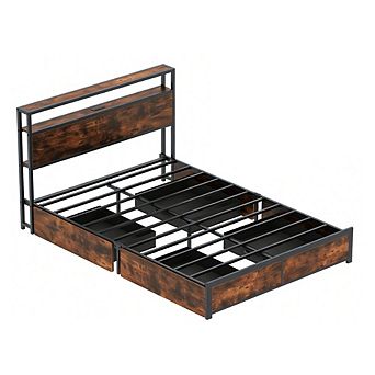 Gymax LED Bed Frame w/2 tier Storage Headboard & 4 Drawers Charging Station