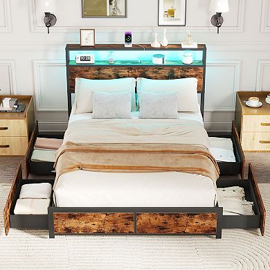 Gymax LED Bed Frame w/2-Tier Storage Headboard & 4 Drawers Charging Station