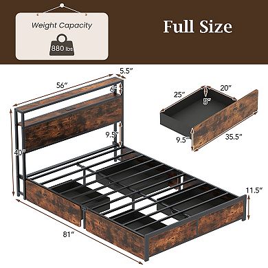 Gymax LED Bed Frame w/2-Tier Storage Headboard & 4 Drawers Charging Station
