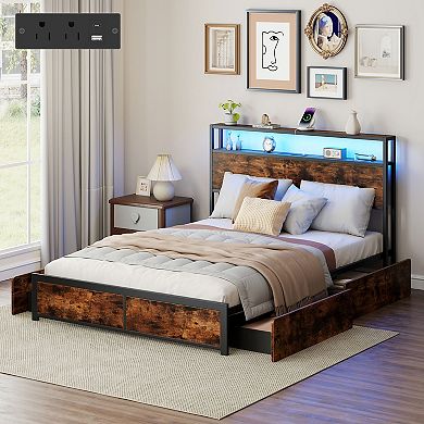 Gymax LED Bed Frame w/2-Tier Storage Headboard & 4 Drawers Charging Station