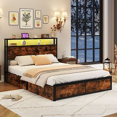 Gymax LED Bed Frame w/2-Tier Storage Headboard & 4 Drawers Charging Station