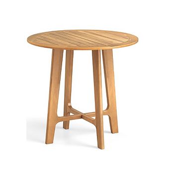 Gymax 31.5'' Patio Dining Table Round Teak Wood Dining Table w/ Slatted Tabletop Garden