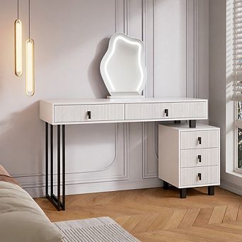 Lufeiya Adjustable Vanity Desk with LED Mirror and Storage Drawers, Makeup Table with Side Cabinet