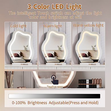Lufeiya Adjustable Vanity Desk with LED Mirror and Storage Drawers, Makeup Table with Side Cabinet