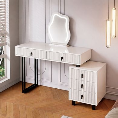 Lufeiya Adjustable Vanity Desk with LED Mirror and Storage Drawers, Makeup Table with Side Cabinet