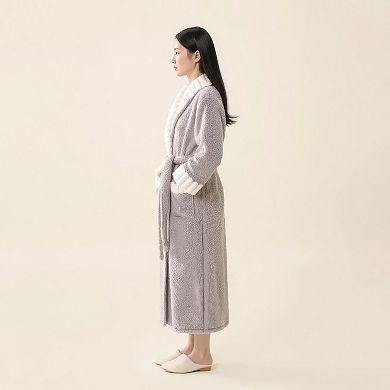 Women's Plush Long Robe with Contrast Trim Shawl Collar Tie Waist Belt Full Length Bathrobe