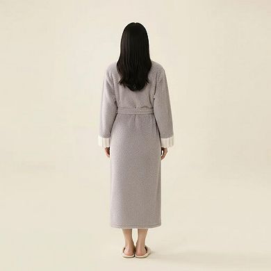Women's Plush Long Robe with Contrast Trim Shawl Collar Tie Waist Belt Full Length Bathrobe
