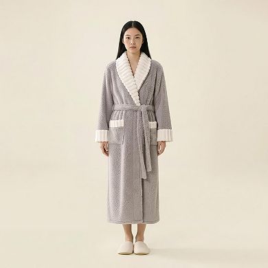 Women's Plush Long Robe with Contrast Trim Shawl Collar Tie Waist Belt Full Length Bathrobe