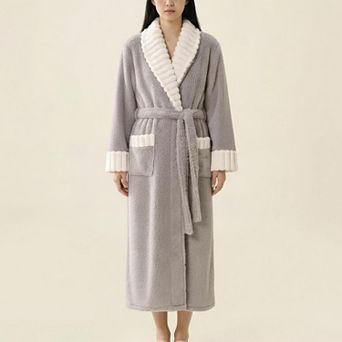 Women's Plush Long Robe with Contrast Trim Shawl Collar Tie Waist Belt Full Length Bathrobe