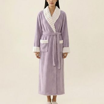 Women's Plush Long Robe with Contrast Trim Shawl Collar Tie Waist Belt Full Length Bathrobe