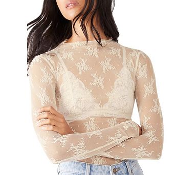Women's Y2K Sheer Floral Mesh Top Long Sleeve Mock Neck with Lace Detail, See-Through Stylish Tee