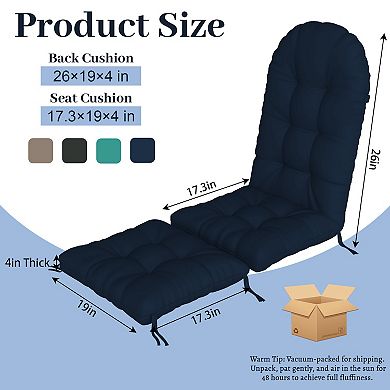 Outdoor Adirondack Chair Cushions Set, 4" Thick Waterproof High Back Seat Pad with Ottoman Cushion