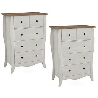 Gymax 2 pc 38'' Farmhouse Chest of Drawers w/ 5 Folding Fabric Drawers & Anti-tipping Kit