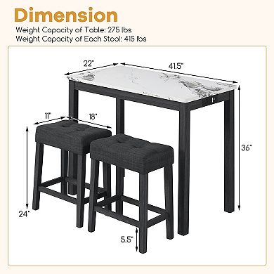 Gymax 3 PCS Bar Table Set w/ Charging Station Modern Counter Height Breakfast Table White