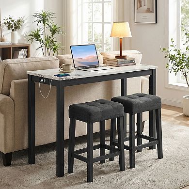 Gymax 3 PCS Bar Table Set w/ Charging Station Modern Counter Height Breakfast Table White