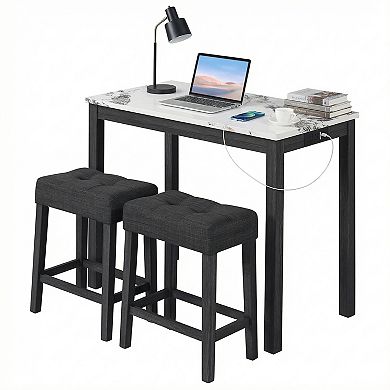 Gymax 3 PCS Bar Table Set w/ Charging Station Modern Counter Height Breakfast Table White