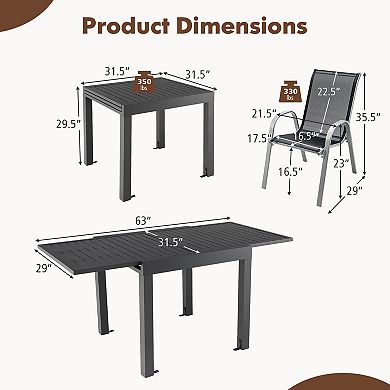 Gymax 5 PCS Outdoor Dining Table Set w/ Extendable Aluminum Table & 4 Stackable Chairs