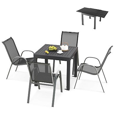 Gymax 5 PCS Outdoor Dining Table Set w/ Extendable Aluminum Table & 4 Stackable Chairs