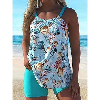 Women's Sea Shell Print Tankini Swimsuit Blouson Top with Boy Shorts