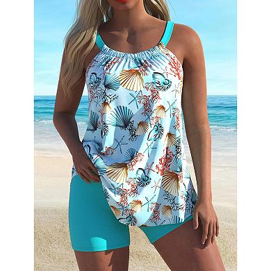 Women's Sea Shell Print Tankini Swimsuit Blouson Top with Boy Shorts