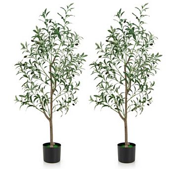 Gymax 4.5 FT Tall Artificial Olive Tree Set of 2 Fake Potted Trees w/ Realistic Fruits