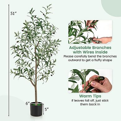 Gymax 4.5 FT Tall Artificial Olive Tree Set of 2 Fake Potted Trees w/ Realistic Fruits