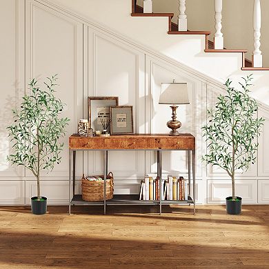Gymax 4.5 FT Tall Artificial Olive Tree Set of 2 Fake Potted Trees w/ Realistic Fruits
