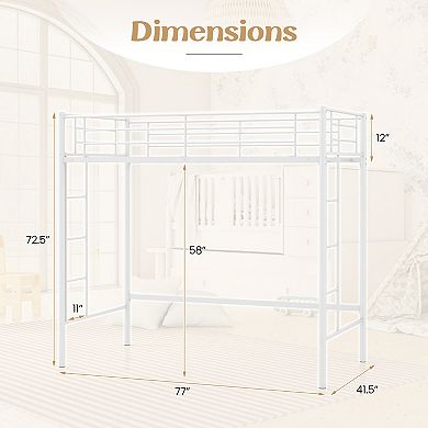 Gymax Metal Loft Bed Frame w/ 2 Ladders & Full-length Guardrail Space-Saving